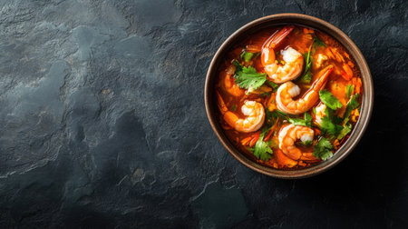 An inviting bowl of tom yum kung, filled with shrimp and aromatic herbs, presented from above on a dark stone background, leaving plenty of copy space for promotional use.の素材