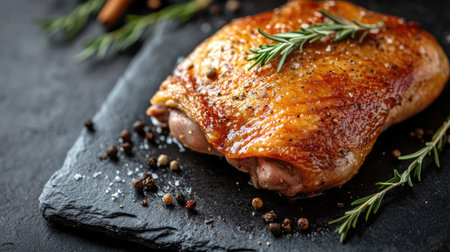 Close-up, flat lay of a succulent baked duck thigh with aromatic spices and sprigs of rosemary, beautifully presented on a dark stone cutting table, highlighting the rich textures.の素材