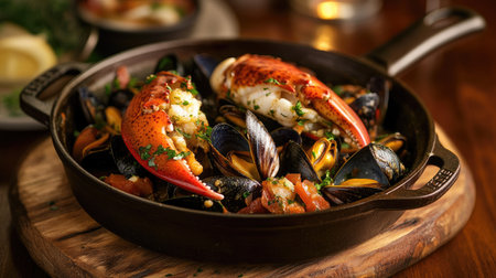 An inviting display of freshly broiled halved lobster, elegantly served with cioppino mussels seafood stew in a rustic pan, set on a wooden board with a warm-toned light ambiance.の素材