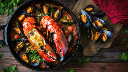 Top view of a rustic seafood feast featuring hot broiled halved Maine lobster and a rich bouillabaisse mussels stew in a pan,の素材