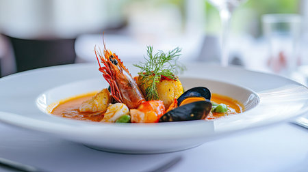 A delightful presentation of red bouillabaisse soup brimming with seafood, elegantly served in a white plate,0fの素材