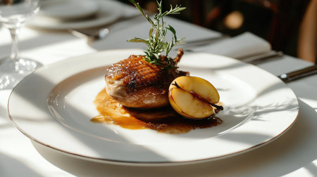 A light and airy presentation of duck confit with a baked apple, placed on a white plate, with sunlight creating delicate shadows for a sophisticated dining experience.の素材