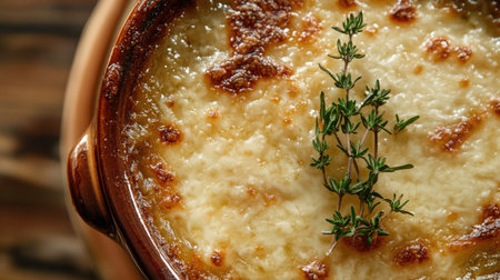 Closeup of a classic French onion soup with a bubbly cheese crust and fresh thyme, captured from above to highlight the dish's textures and delicious flavors.の素材