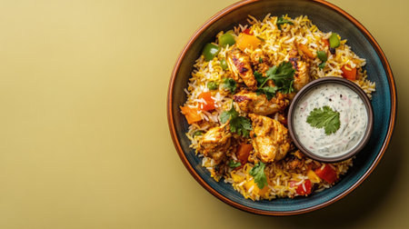 A beautiful arrangement of Chicken Biryani on a plate, complemented by a side of raita, set on a simple background that allows for clear copy space.の素材