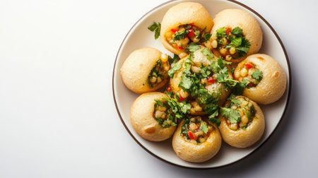 A beautifully arranged plate of pani puri with a few puris filled with spicy water and garnished with fresh herbs, set against a clean white background,の素材