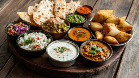 A beautifully arranged Indian meal showcasing an array of dishes--dal curry, masala dosa, and samosas--captured against a rustic wooden backdrop with vibrant colors. -の素材