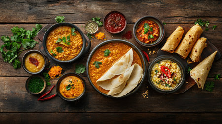 A beautifully arranged Indian meal showcasing an array of dishes--dal curry, masala dosa, and samosas--captured against a rustic wooden backdrop with vibrant colors. -の素材