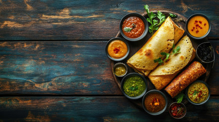 A beautifully arranged dosa with a side of chutneys and sambar, displayed on a rustic wooden table, providing plenty of room around the dish for branding or captions.の素材
