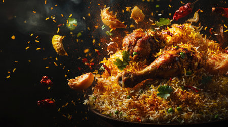 A bold visual of Hyderabadi chicken biryani ingredients--spices, chicken, saffron rice--flying through the air, capturing the intense flavors of this popular Indian dish.の素材