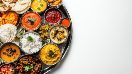 A beautifully arranged traditional Indian thali featuring a variety of colorful dishes, set against a clean white background,の素材