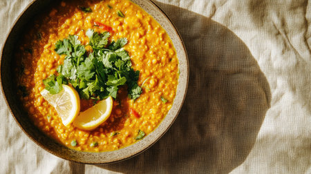 A beautifully plated serving of dal with lemon wedges and herbs, positioned on a neutral tablecloth, offering plenty of space for promotional text or branding.の素材