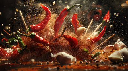 A captivating freeze-motion composition of hot red peppers and garlic soaring through the air, surrounded by a burst of spice powders and meat stakes,の素材