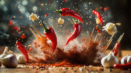 A captivating freeze-motion composition of hot red peppers and garlic soaring through the air, surrounded by a burst of spice powders and meat stakes,の素材