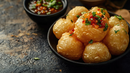 A close-up of a crispy pani puri on a textured surface, with a side of tangy chutney, leaving plenty of room around the dish for promotional messages or captions.の素材