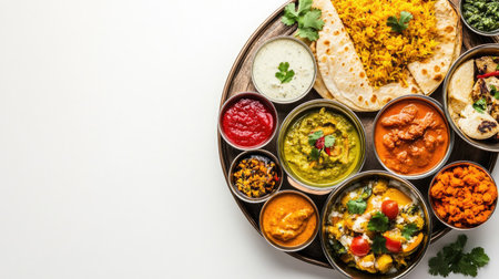 A beautifully arranged traditional Indian thali featuring a variety of colorful dishes, set against a clean white background,の素材