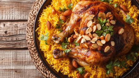 A close-up top view of Chicken Mandi, featuring roasted chicken, aromatic rice, and a garnish of almonds, showcasing the rich textures and vibrant flavors of Saudi Arabian food.の素材