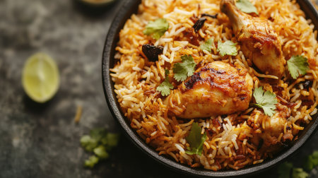 A close-up of a Chicken Biryani bowl filled with aromatic rice and chicken, set on a textured surface, with ample space around it for captions or advertising.の素材