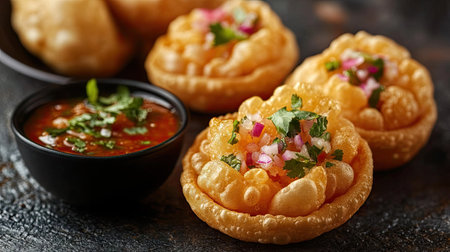 A close-up of a crispy pani puri on a textured surface, with a side of tangy chutney, leaving plenty of room around the dish for promotional messages or captions.の素材