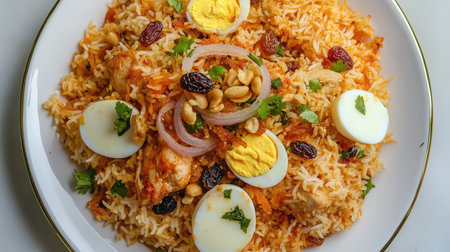 A close-up overhead view of chicken pulao on a white plate, beautifully topped with fried onion, boiled eggs, crunchy nuts, and raisins, bringing out the richness of this traditional meal.の素材