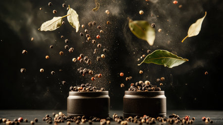 A captivating freeze-motion shot of two spice mills with peppercorns and bay leaves soaring above a black tabletop,の素材