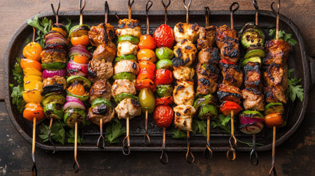 A colorful platter of assorted kebabs, including chicken, beef, and vegetable varieties, displayed on a rustic table,の素材