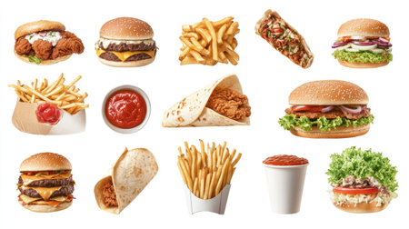 A collection of fast food classics including crispy fries, fried chicken, pizza, tacos, shawarma, burritos, and burgers, all isolated on a white background. Close-up of fast foods.の素材