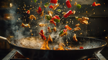 A captivating scene of flying ingredients, including bell peppers and chicken, suspended above a fiery wok pan, showcasing the artistry and thrill of stir-frying in action. -の素材
