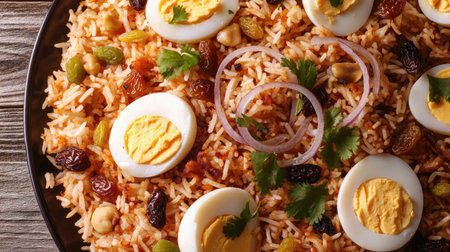 A close-up shot of chicken pulao garnished with fried onion, boiled eggs, nuts, and raisins, beautifully arranged on a plate, showcasing the rich textures and flavors from above.の素材