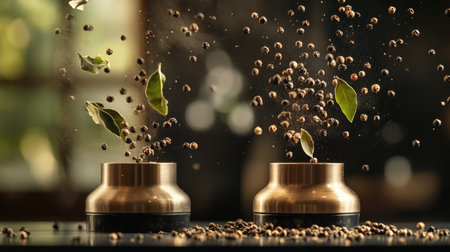 A captivating freeze-motion shot of two spice mills with peppercorns and bay leaves soaring above a black tabletop,の素材
