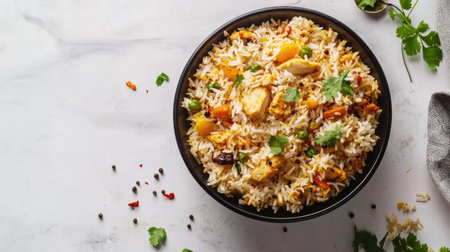 A bowl of colorful Chicken Biryani with spices sprinkled around it, placed on a clean surface, featuring ample room for branding or informative text.の素材