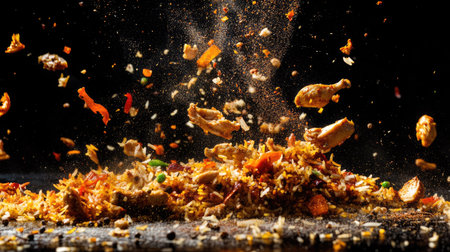 A burst of Indian chicken biryani flying through the air, with colorful rice, chicken pieces, and fragrant spices like cuminの素材