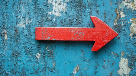A bold red arrow pointing to the left on a textured blue surface, creating a strong contrast. Ideal for website navigation or user interface design.の素材