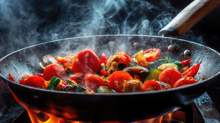 A close-up shot of a sizzling wok pan over an open flame, with vibrant red tomatoes, hot peppers, mushrooms, and zucchini frying amidst swirling smoke, showcasing the art of stir-frying against a dramatic black background.の素材