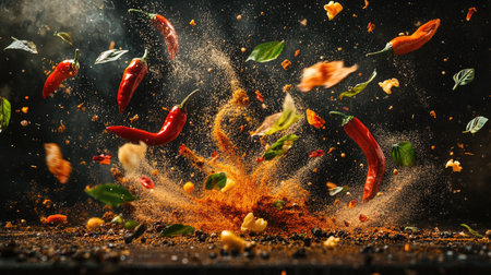 A captivating scene of spices and chili peppers suspended in mid-air, with vibrant flames and powder splashes,の素材