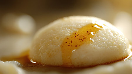 A close-up shot of a single idli drizzled with ghee, set against a soft-focus background that offers a perfect area for captions or marketing.の素材