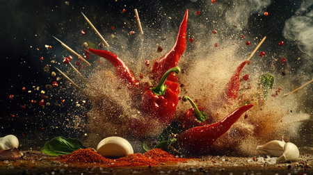 A captivating freeze-motion composition of hot red peppers and garlic soaring through the air, surrounded by a burst of spice powders and meat stakes,の素材