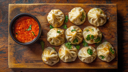 A close-up of delicious momos served on a rustic wooden board, with a side of spicy dipping sauce, leaving plenty of room around the dish for promotional messages.の素材