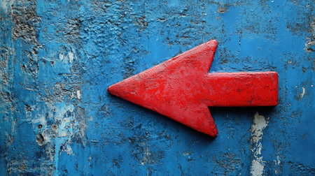 A bold red arrow pointing to the left on a textured blue surface, creating a strong contrast. Ideal for website navigation or user interface design.の素材