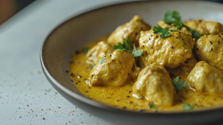 A close-up shot of chicken korma with aromatic spices, placed on a simple plate, creating an inviting area for text overlay or marketing use.の素材