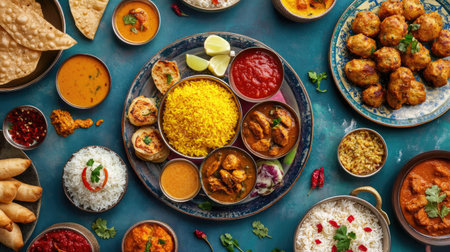 A colorful top view of a traditional Indian Iftar meal with chicken curry, dal with rice, samosas, and seekh kebabsの素材