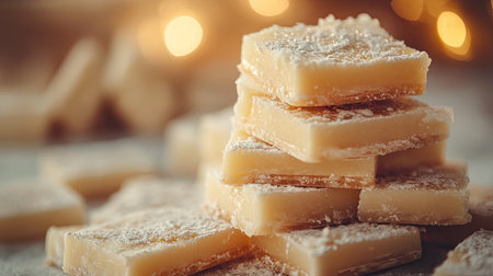 A close-up shot of multiple pieces of kaju katli stacked elegantly, set against a soft-focus background that offers a perfect area for captions or marketing.の素材