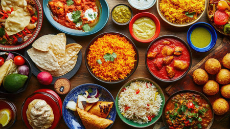 A colorful and vibrant spread of Indian food, including chicken biryani, samosas, and dal curry, arranged on a long table,の素材