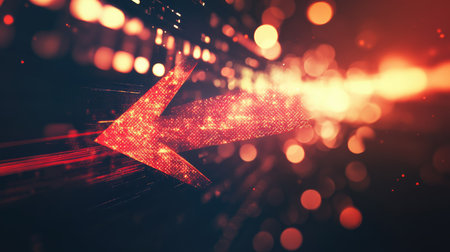 A curved red arrow pointing left on a futuristic, abstract background with light effects. Perfect for high-tech or innovation-themed bの素材