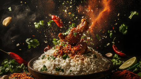 A creative food concept showing spicy Hyderabadi chicken biryani, rice, herbs, and spices suspended in mid-air, giving the impression of a flavorful,の素材