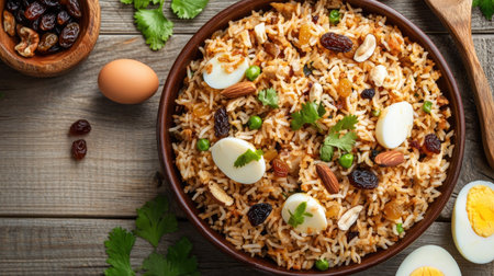 A delicious top view of chicken pulao, garnished with fried onions, boiled eggs, crunchy nuts, and plump raisinsの素材