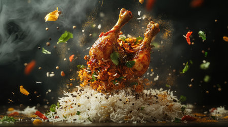 A creative food concept showing spicy Hyderabadi chicken biryani, rice, herbs, and spices suspended in mid-air, giving the impression of a flavorful,の素材