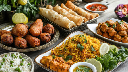 A delightful spread of popular Indian dishes including fried rolls, chicken biryani, and kofta curry, elegantly plated and garnished,の素材