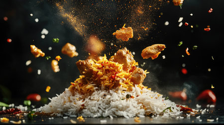 A creative food photography shot of flying chicken biryani with basmati rice, saffron, chicken, and spices hovering in the air,の素材