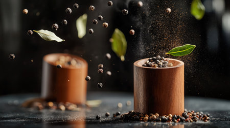 A dramatic scene featuring two spice grinders with peppercorns and bay leaves floating in mid-air over a sleek black table,の素材