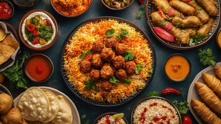 A detailed top-down view of a festive Ramadan spread, featuring chicken biryani, kofta, samosas, and fish curry, surrounded by delicious Iftar treats.の素材